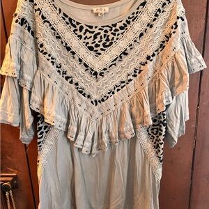 POL Women's Lace Ruffle Blouse - Gray and Black